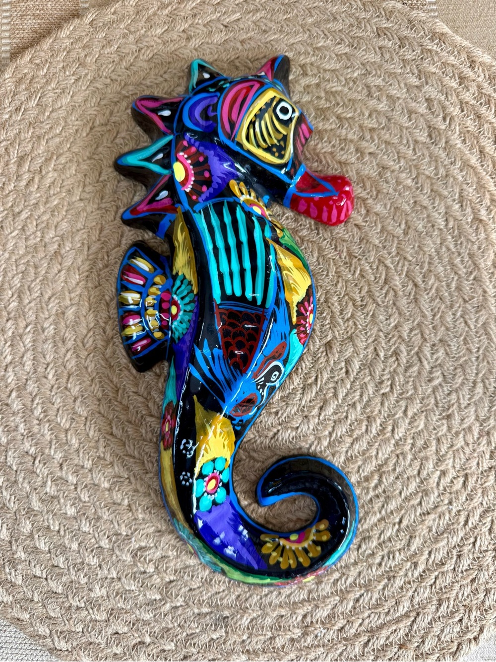 Hand painted Mexican Talavera pottery Seahorse Vibrant wall sculpture 11 inches